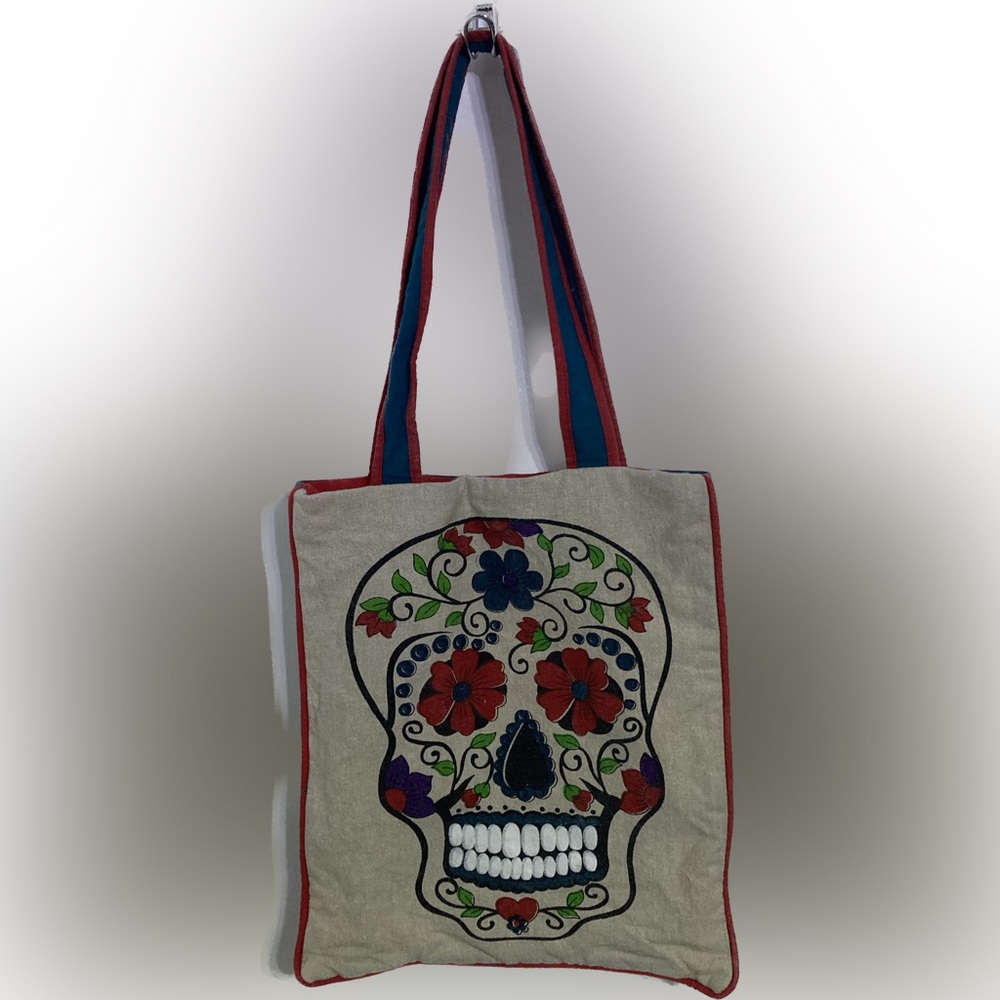 EUC - Karma Living - Sugar Skull Día de Los Muertos Tote Bag Book Bag